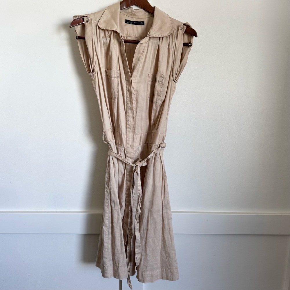 Zara Safari Style Dress W M Tan button up belted collared cap sleeve rare style